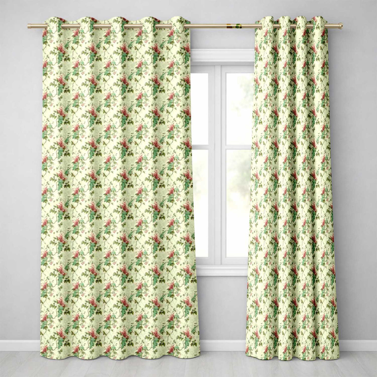 Dark Teal Floral Vine with Yellow Leaves Seamless Pattern Readymade Eyelet Ring Top Thermal 100% Blackout Curtains