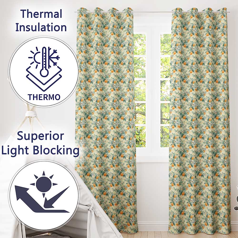 Elegant Citrus Orange Floral Leaves Seamless Pattern Readymade Eyelet Ring Top Thermal 100% Blackout Curtains