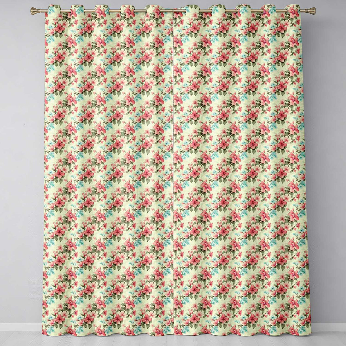 Vintage Floral Hibiscus Blossom Soft Pastel Seamless Pattern Readymade Eyelet Ring Top Thermal 100% Blackout Curtains