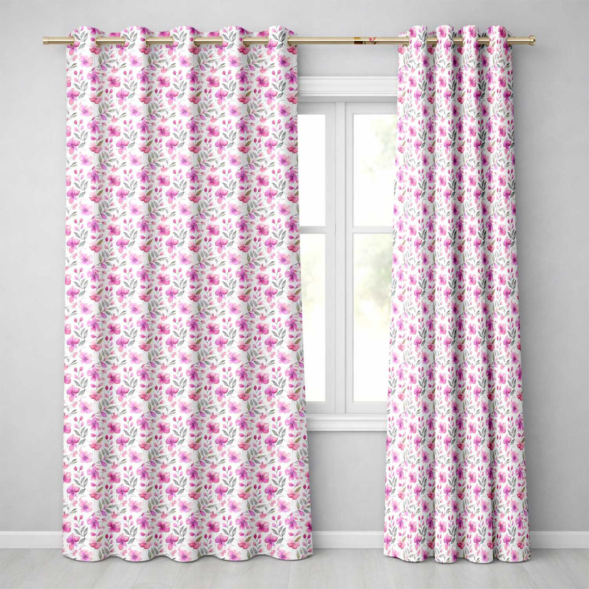 Delicate Pink Watercolor Flowers and Leaves Seamless Pattern Readymade Eyelet Ring Top Thermal 100% Blackout Curtains