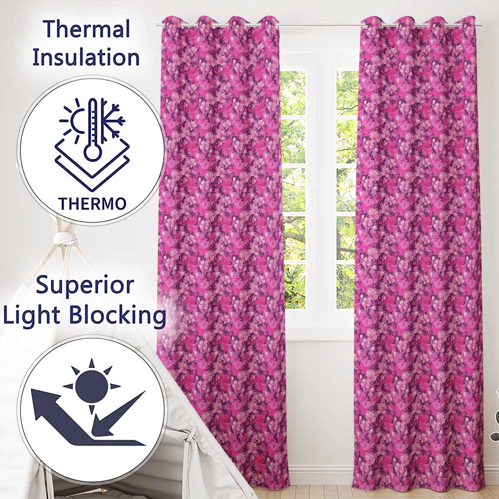 Vibrant Pink Floral Garden on Purple Background Seamless Pattern Readymade Eyelet Ring Top Thermal 100% Blackout Curtains