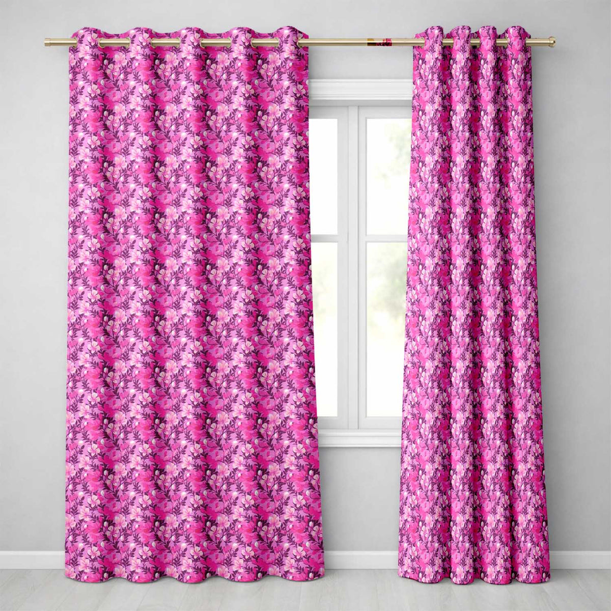 Vibrant Pink Floral Garden on Purple Background Seamless Pattern Readymade Eyelet Ring Top Thermal 100% Blackout Curtains