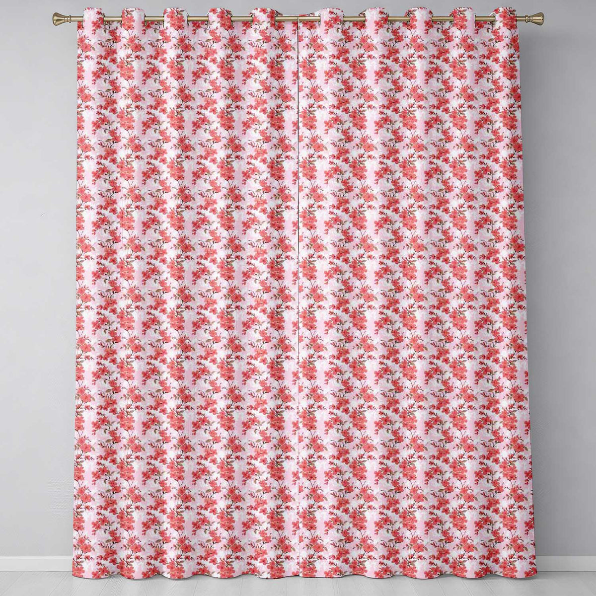 Coral Cherry Blossom Floral Branches on Beige Background Seamless Pattern Readymade Eyelet Ring Top Thermal 100% Blackout Curtains