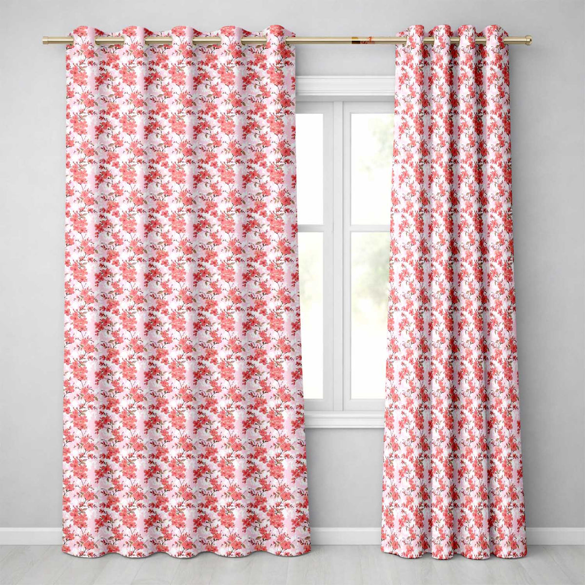 Coral Cherry Blossom Floral Branches on Beige Background Seamless Pattern Readymade Eyelet Ring Top Thermal 100% Blackout Curtains