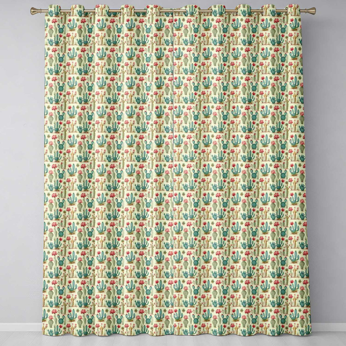 Vintage Style Cactus and Pink Flower Botanical Seamless Pattern Readymade Eyelet Ring Top Thermal 100% Blackout Curtains