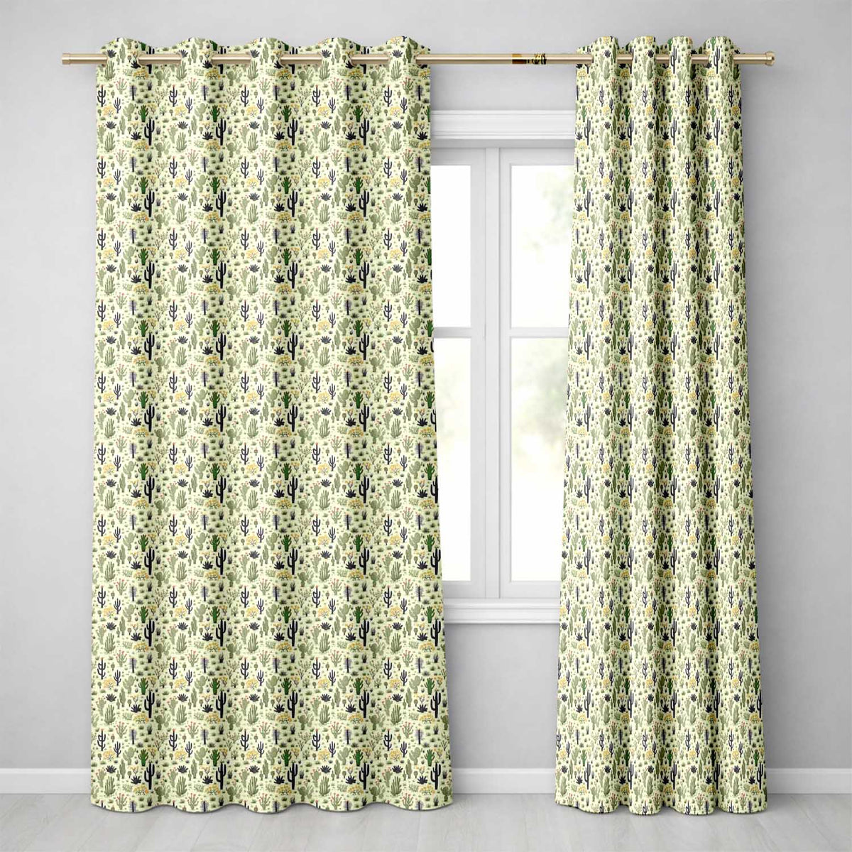 Cute Desert Cactus and Wild Plants Illustration Seamless Pattern Readymade Eyelet Ring Top Thermal 100% Blackout Curtains