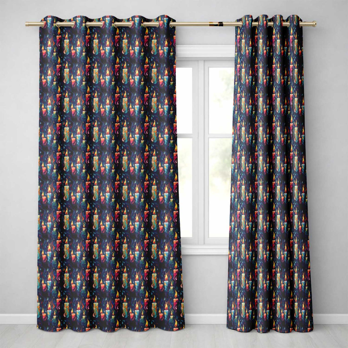 Artistic Melting Wax Candles on Dark Background Seamless Pattern Readymade Eyelet Ring Top Thermal 100% Blackout Curtains
