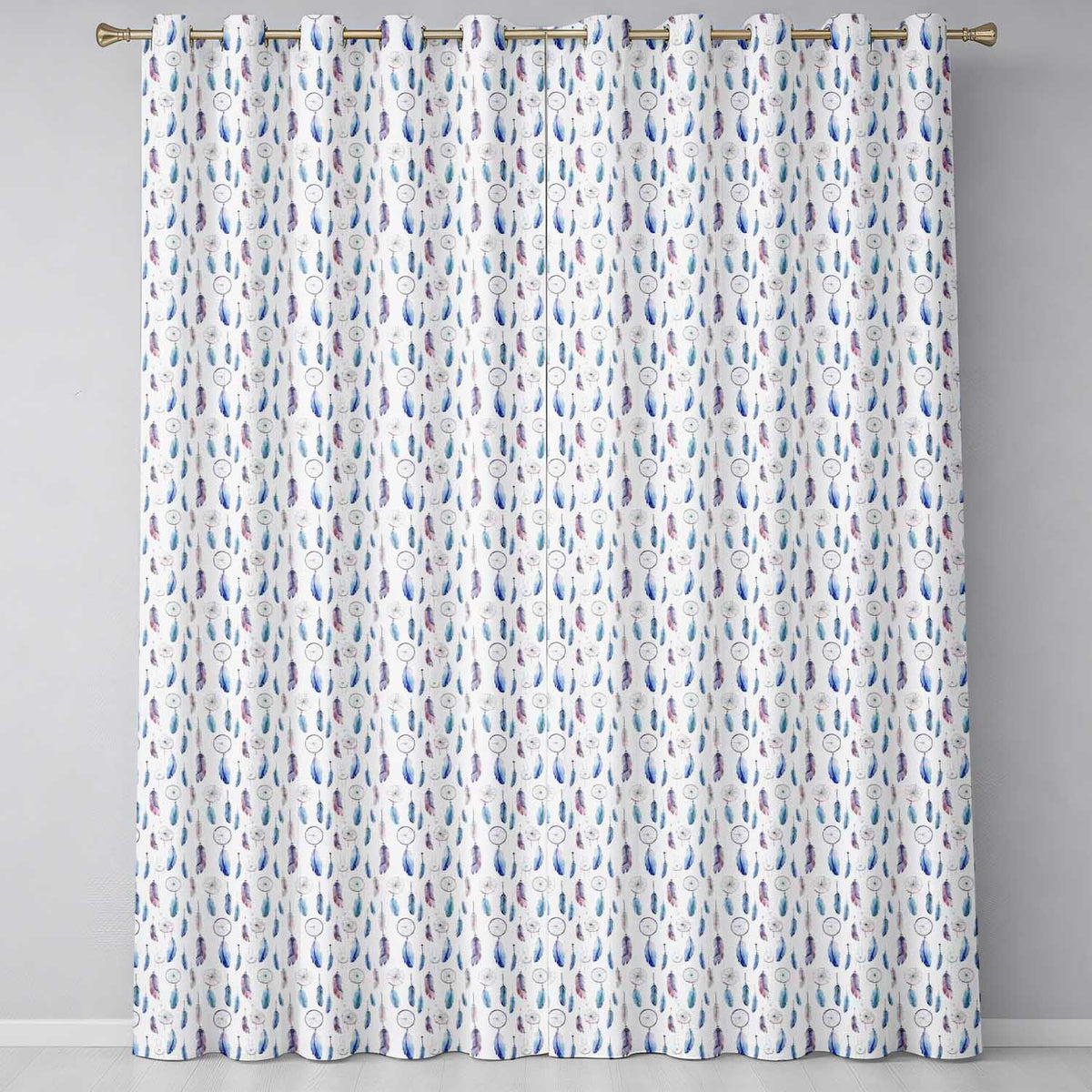 Soft Blue Dreamcatcher Feathers Pastel Seamless Pattern Readymade Eyelet Ring Top Thermal 100% Blackout Curtains