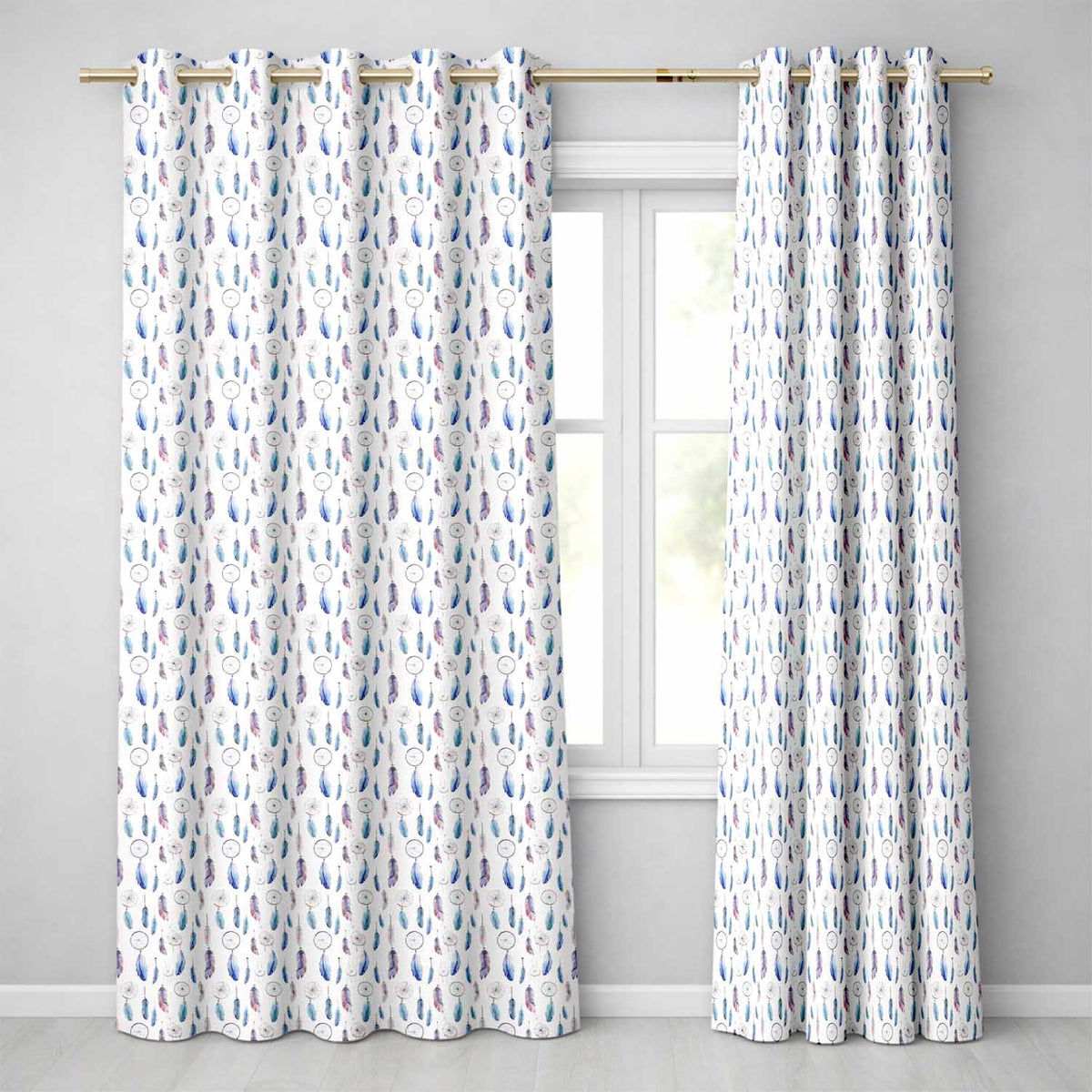 Soft Blue Dreamcatcher Feathers Pastel Seamless Pattern Readymade Eyelet Ring Top Thermal 100% Blackout Curtains