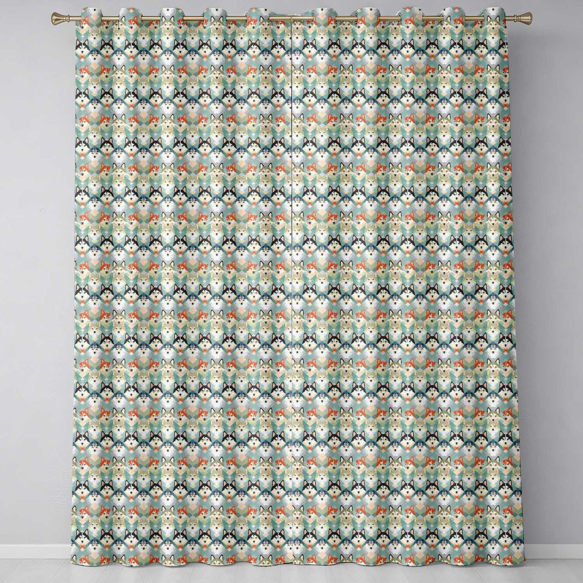 Diamond Layout Husky Dog Faces Pattern Nordic Style Readymade Eyelet Ring Top Thermal 100% Blackout Curtains