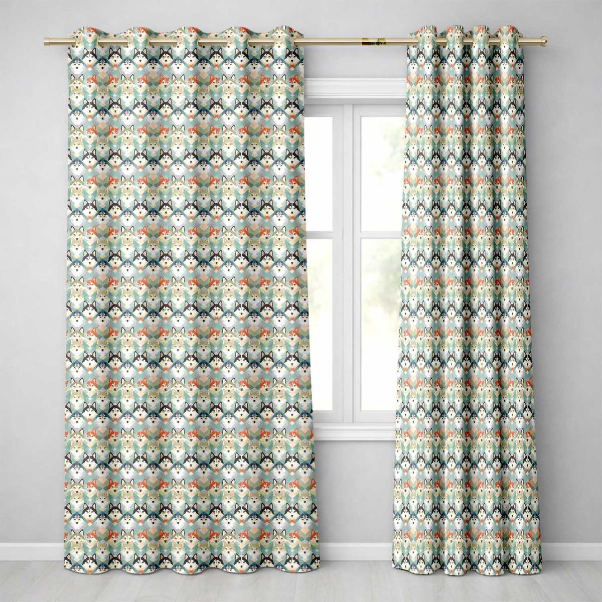 Diamond Layout Husky Dog Faces Pattern Nordic Style Readymade Eyelet Ring Top Thermal 100% Blackout Curtains