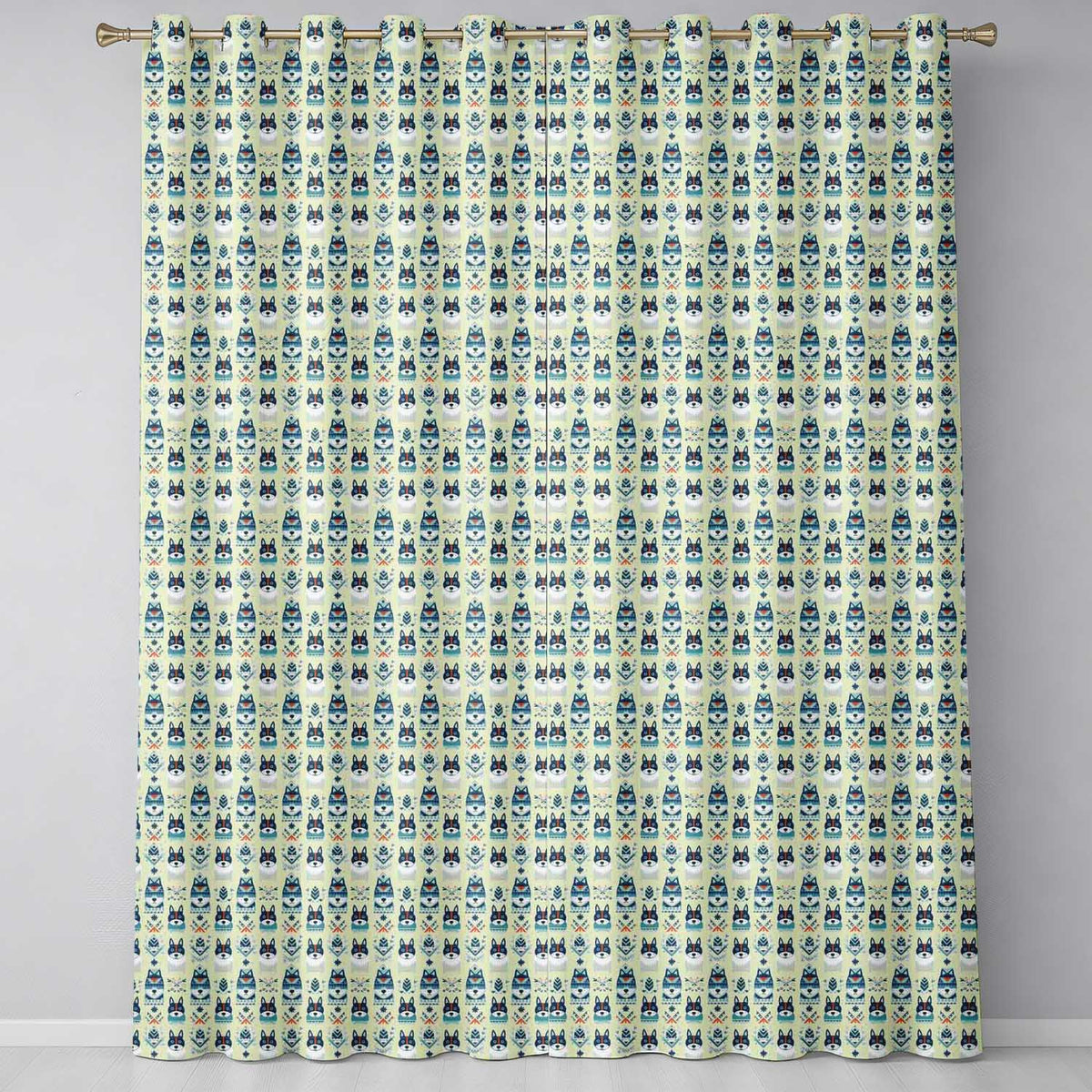 Cute Nordic Husky Folk Style Seamless Pattern Cream Background Readymade Eyelet Ring Top Thermal 100% Blackout Curtains