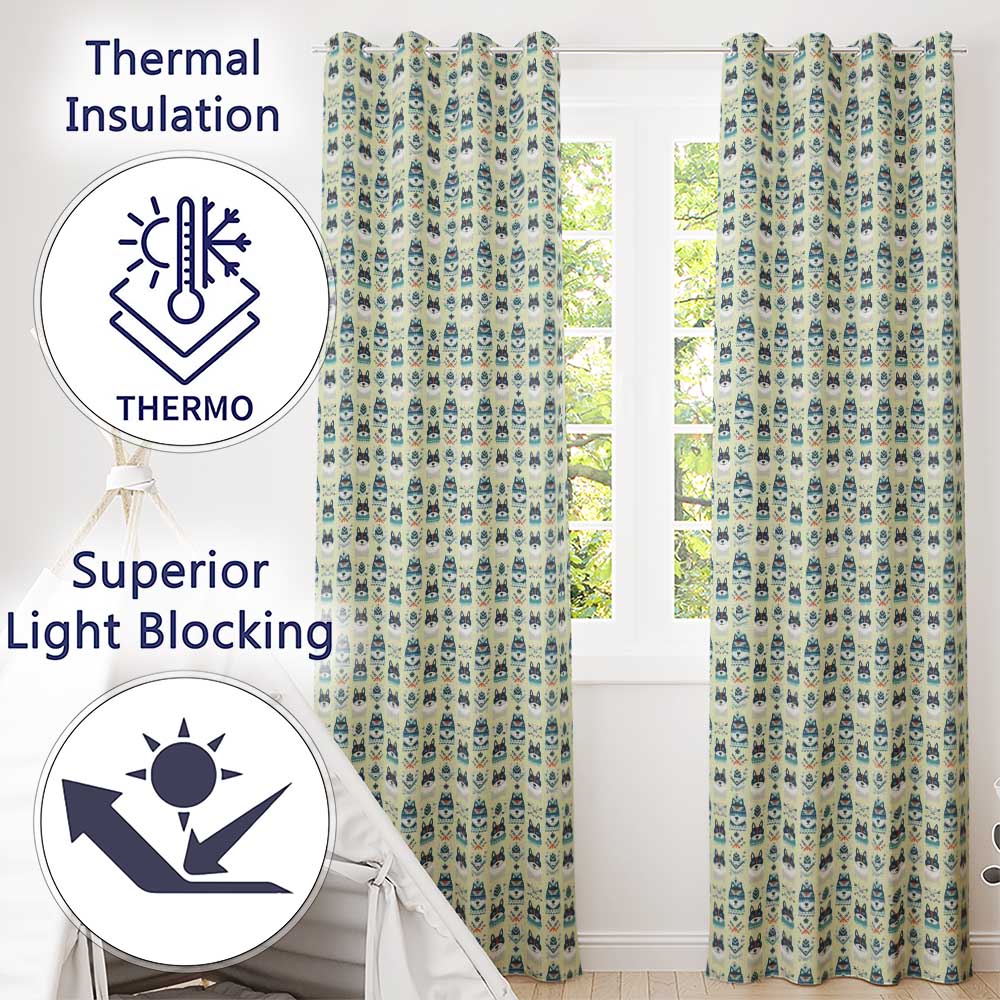 Cute Nordic Husky Folk Style Seamless Pattern Cream Background Readymade Eyelet Ring Top Thermal 100% Blackout Curtains