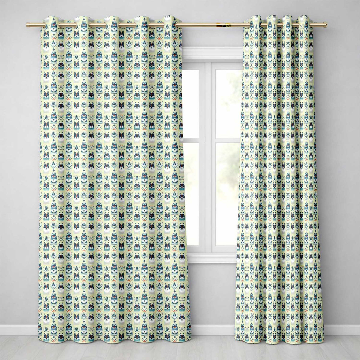 Cute Nordic Husky Folk Style Seamless Pattern Cream Background Readymade Eyelet Ring Top Thermal 100% Blackout Curtains