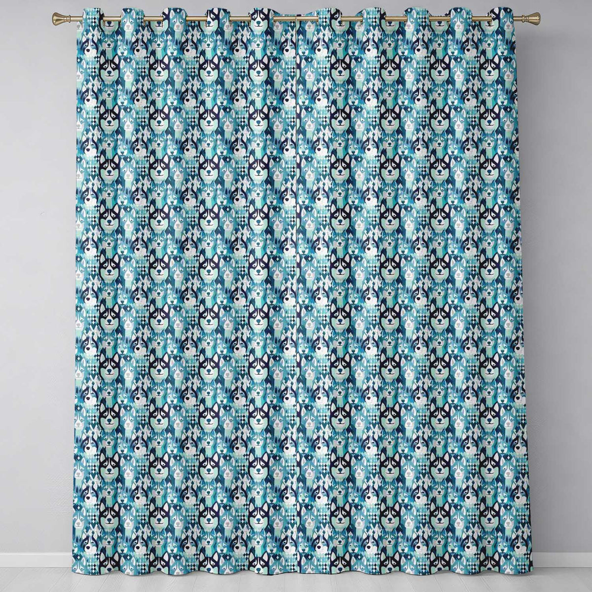 Argyle Style Husky Dog Faces Seamless Pattern Blue Geometric Background Readymade Eyelet Ring Top Thermal 100% Blackout Curtains