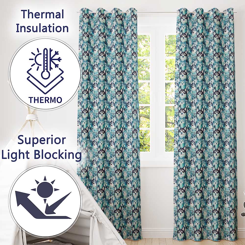 Argyle Style Husky Dog Faces Seamless Pattern Blue Geometric Background Readymade Eyelet Ring Top Thermal 100% Blackout Curtains