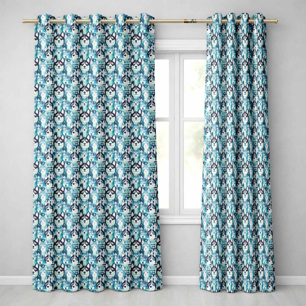 Argyle Style Husky Dog Faces Seamless Pattern Blue Geometric Background Readymade Eyelet Ring Top Thermal 100% Blackout Curtains
