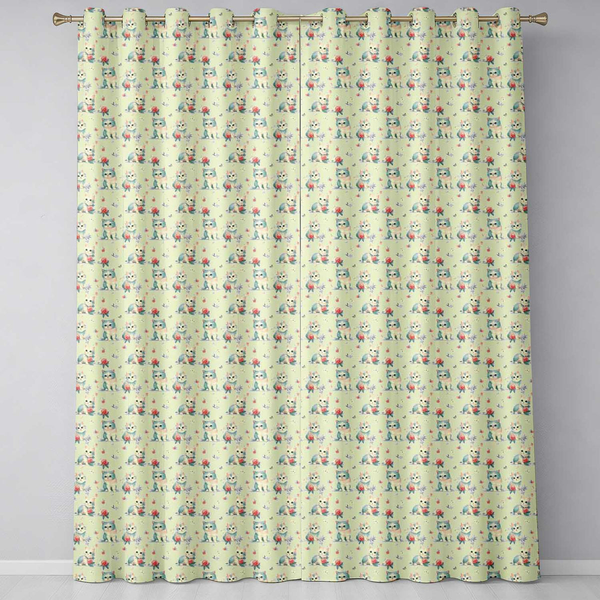 Cute Blue White Kitten with Roses Seamless Pattern Vintage Floral Background Readymade Eyelet Ring Top Thermal 100% Blackout Curtains