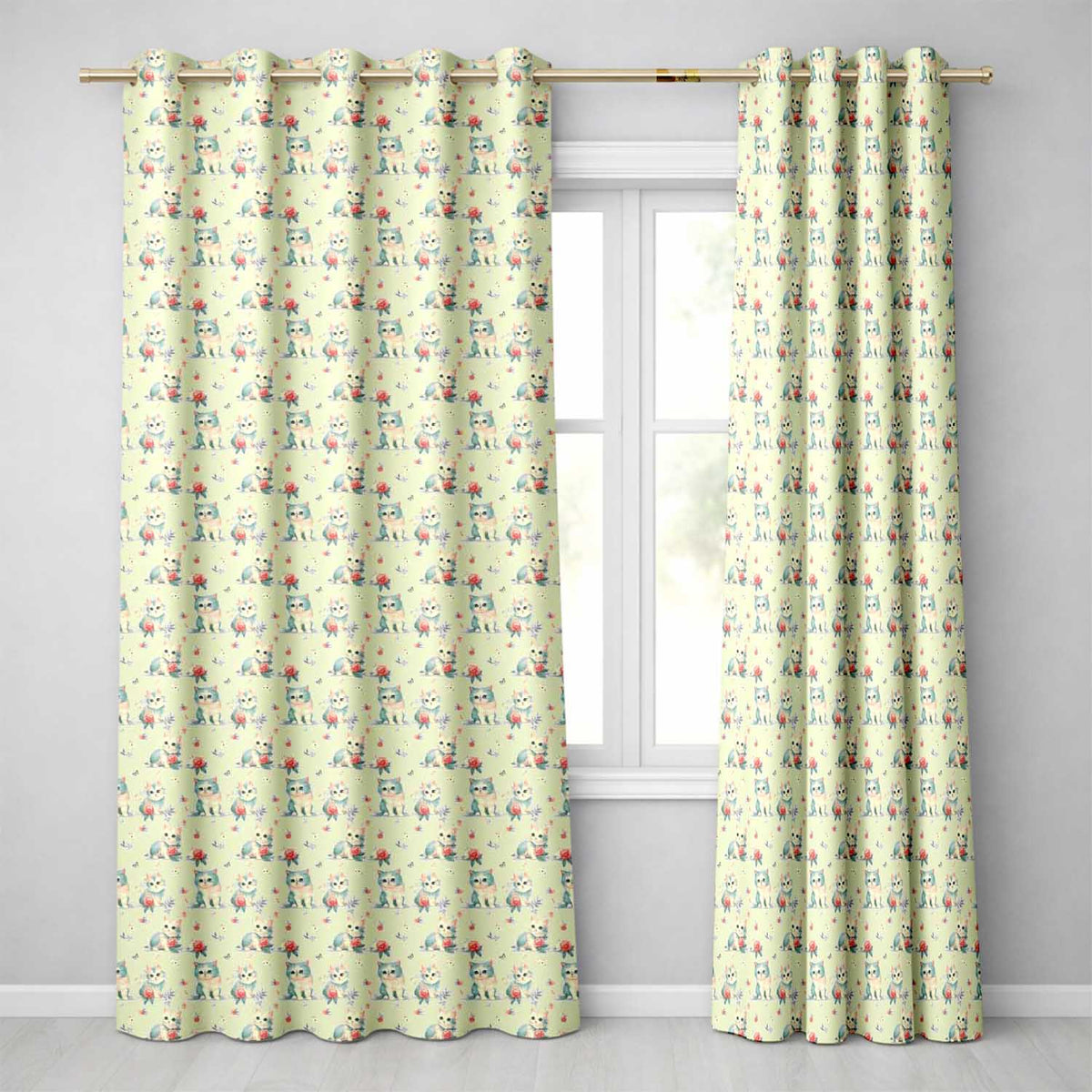 Cute Blue White Kitten with Roses Seamless Pattern Vintage Floral Background Readymade Eyelet Ring Top Thermal 100% Blackout Curtains