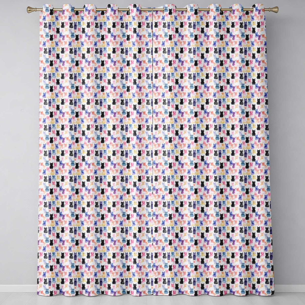 Colorful Watercolor Cats Seamless Pattern Cute Multicolor Kitten Background Readymade Eyelet Ring Top Thermal 100% Blackout Curtains