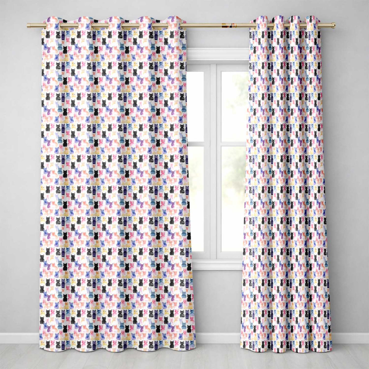 Colorful Watercolor Cats Seamless Pattern Cute Multicolor Kitten Background Readymade Eyelet Ring Top Thermal 100% Blackout Curtains