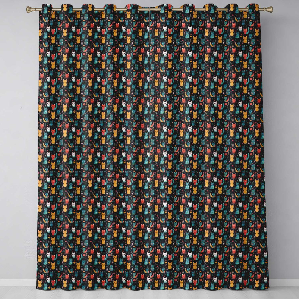 Cute Folk Art Cats Seamless Pattern Night Background Colorful Kitten Design Readymade Eyelet Ring Top Thermal 100% Blackout Curtains
