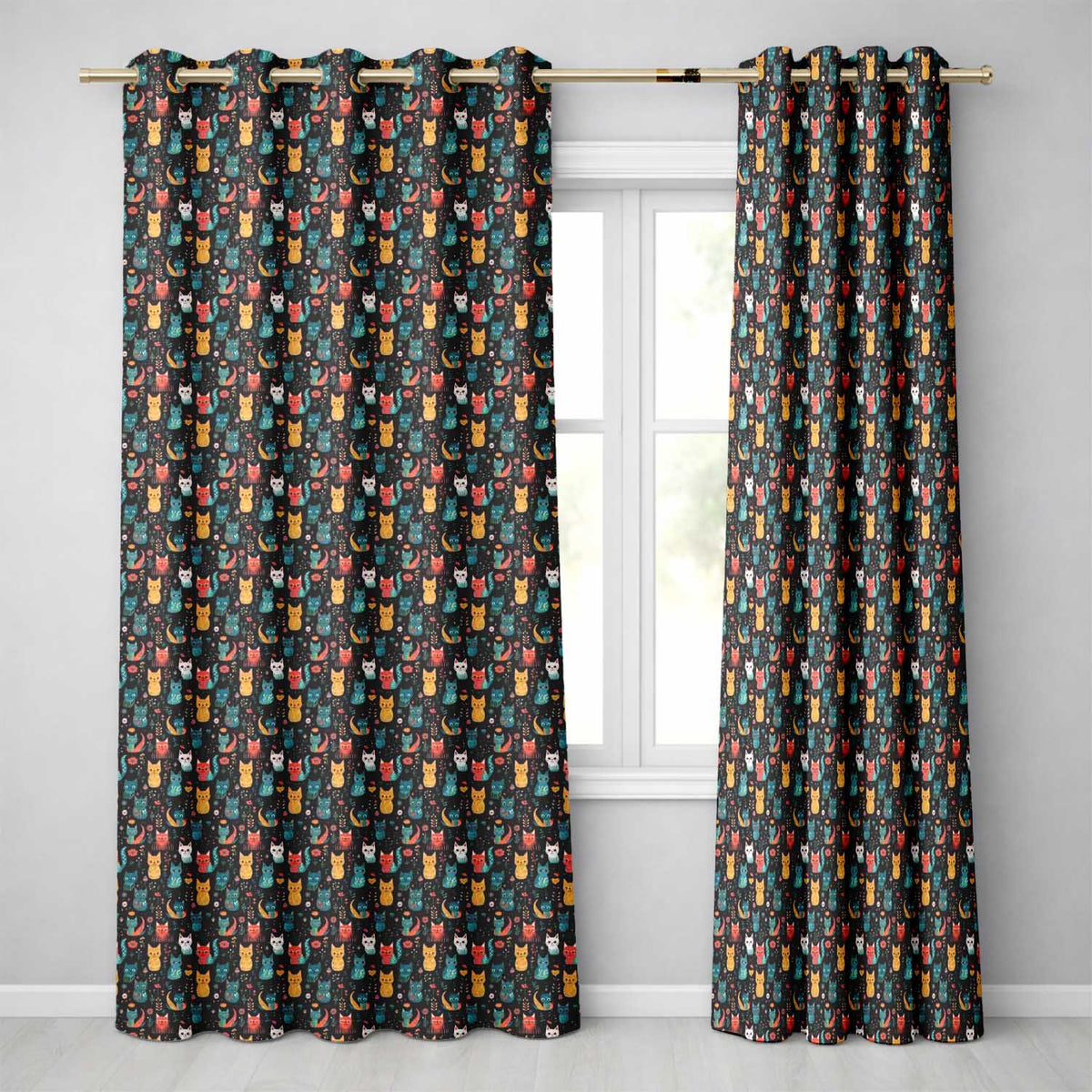 Cute Folk Art Cats Seamless Pattern Night Background Colorful Kitten Design Readymade Eyelet Ring Top Thermal 100% Blackout Curtains