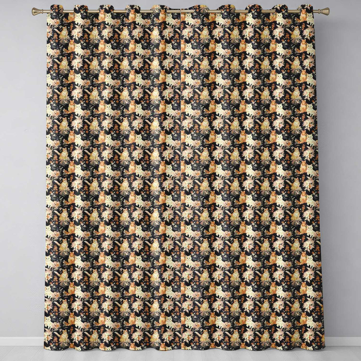 Elegant Cats and Botanical Floral Seamless Pattern Dark Vintage Background Readymade Eyelet Ring Top Thermal 100% Blackout Curtains