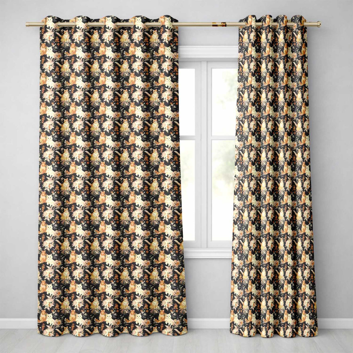 Elegant Cats and Botanical Floral Seamless Pattern Dark Vintage Background Readymade Eyelet Ring Top Thermal 100% Blackout Curtains
