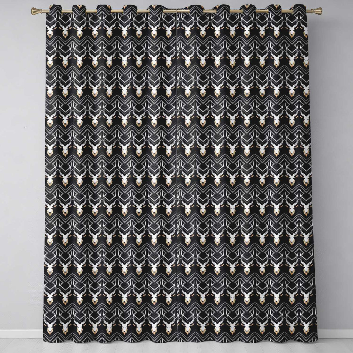 Elegant Antelope Skull Chevron Pattern Dark Background Seamless Readymade Eyelet Ring Top Thermal 100% Blackout Curtains