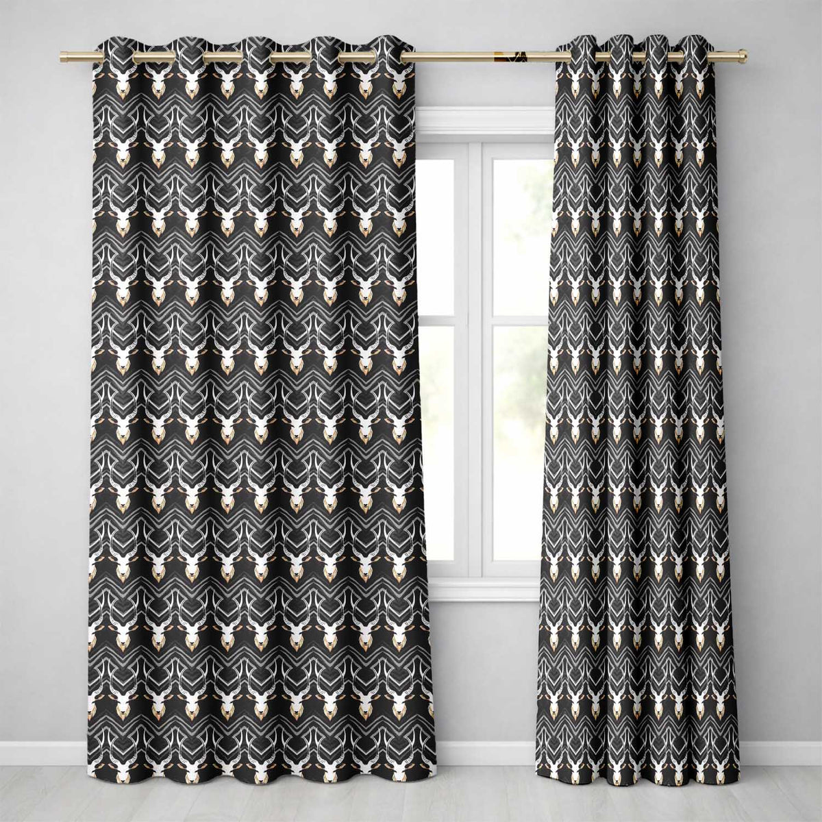 Elegant Antelope Skull Chevron Pattern Dark Background Seamless Readymade Eyelet Ring Top Thermal 100% Blackout Curtains