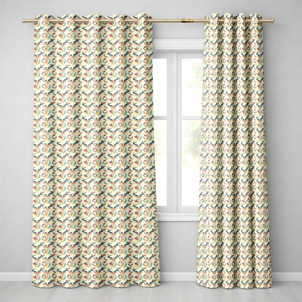 Colorful Abstract Antelope Heads Modern Pattern Light Background Readymade Eyelet Ring Top Thermal 100% Blackout Curtains