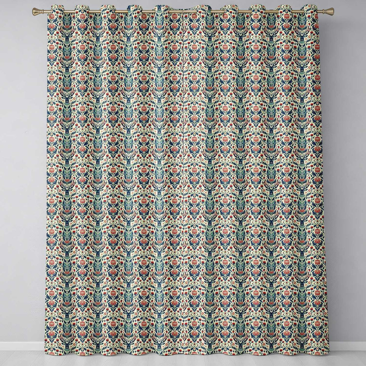 Decorative Deer and Floral Folk Art Pattern Cream Background Readymade Eyelet Ring Top Thermal 100% Blackout Curtains
