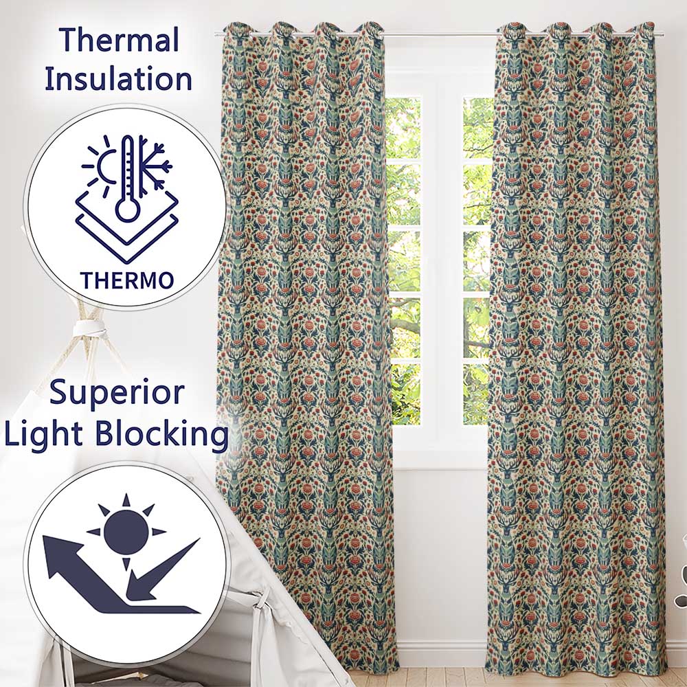 Decorative Deer and Floral Folk Art Pattern Cream Background Readymade Eyelet Ring Top Thermal 100% Blackout Curtains