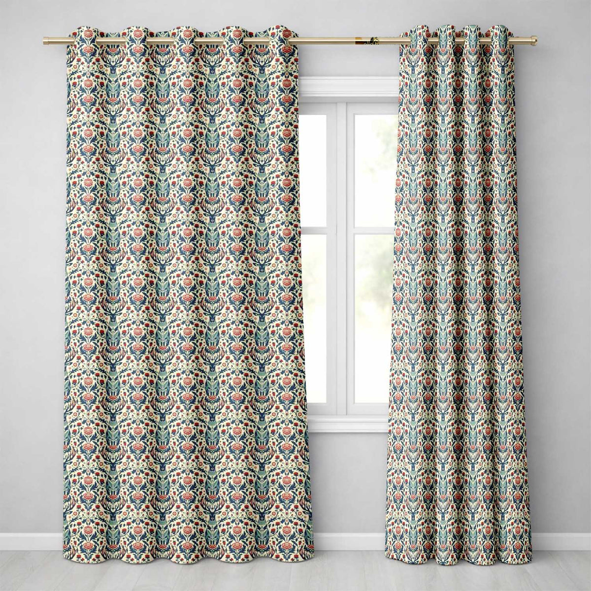 Decorative Deer and Floral Folk Art Pattern Cream Background Readymade Eyelet Ring Top Thermal 100% Blackout Curtains