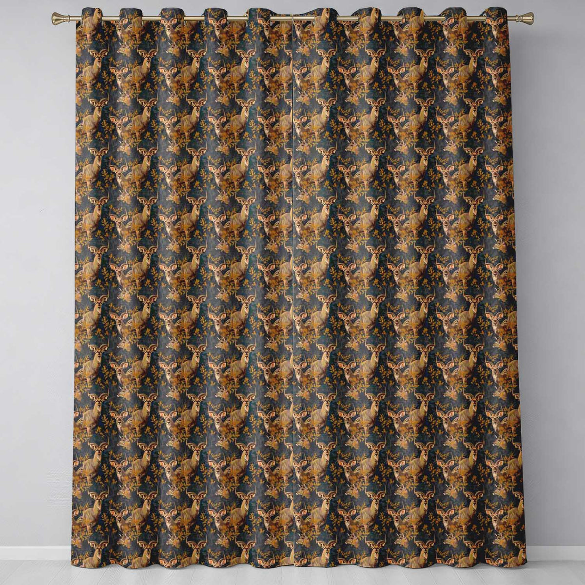 Majestic Kudu Antelope with Golden Leaves Dark Blue Background Seamless Pattern Readymade Eyelet Ring Top Thermal 100% Blackout Curtains