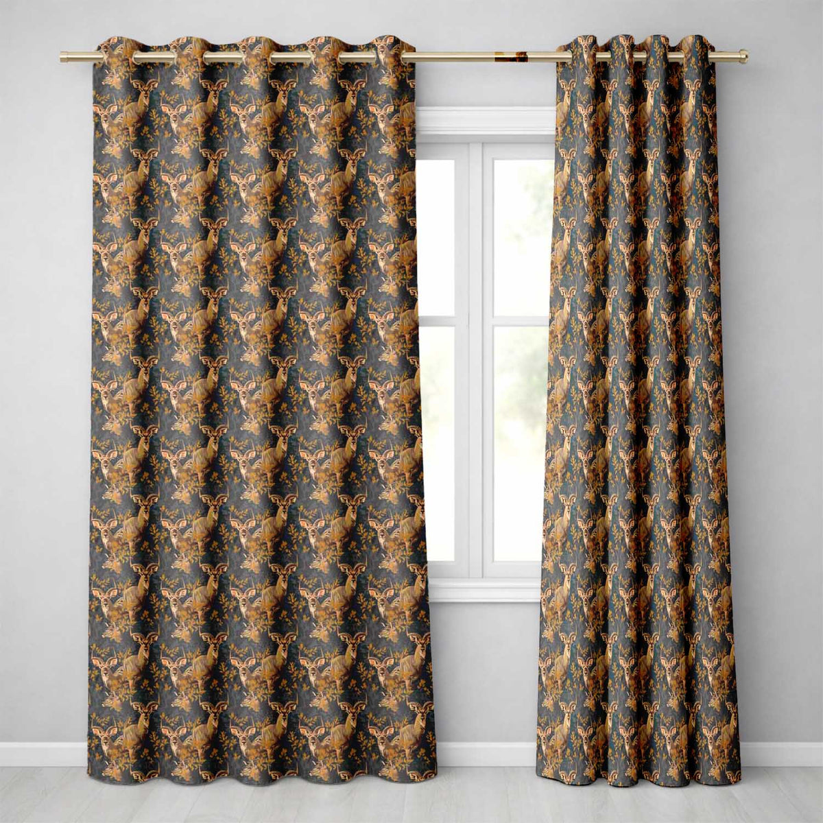 Majestic Kudu Antelope with Golden Leaves Dark Blue Background Seamless Pattern Readymade Eyelet Ring Top Thermal 100% Blackout Curtains