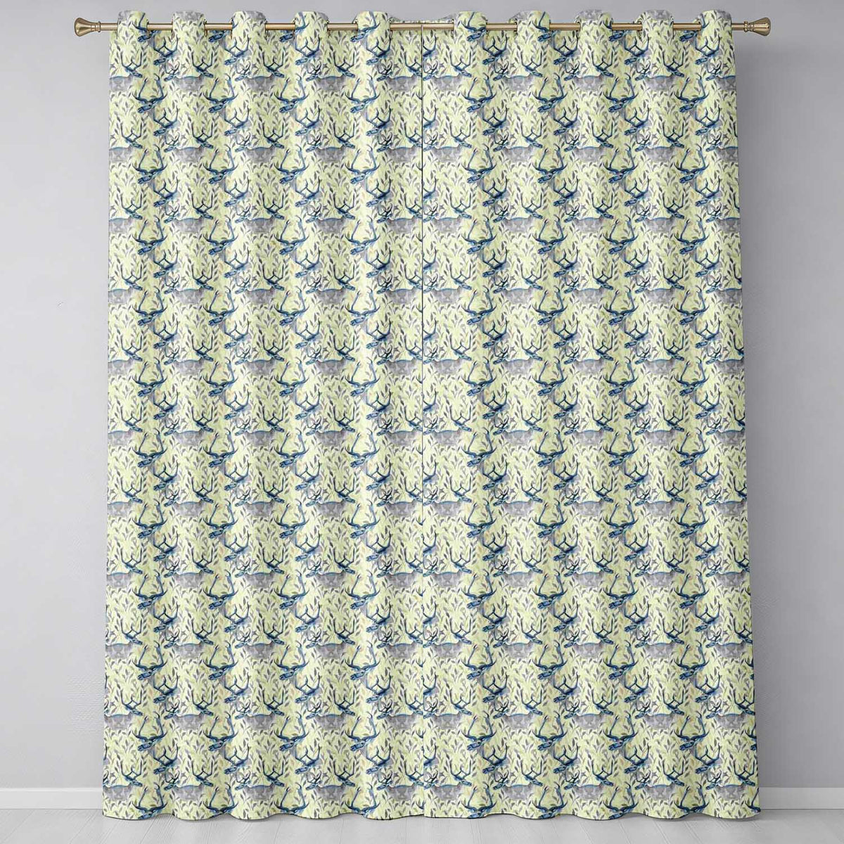 Elegant Blue Deer with Botanical Leaves Soft Beige Background Seamless Pattern Readymade Eyelet Ring Top Thermal 100% Blackout Curtains