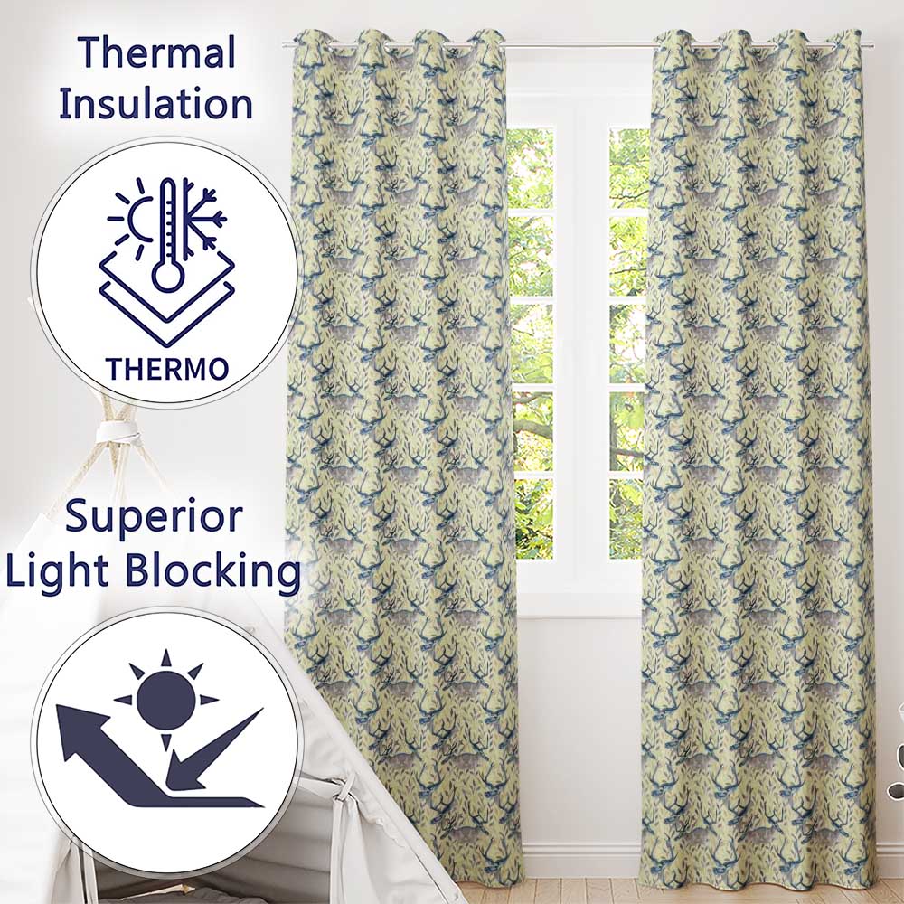 Elegant Blue Deer with Botanical Leaves Soft Beige Background Seamless Pattern Readymade Eyelet Ring Top Thermal 100% Blackout Curtains