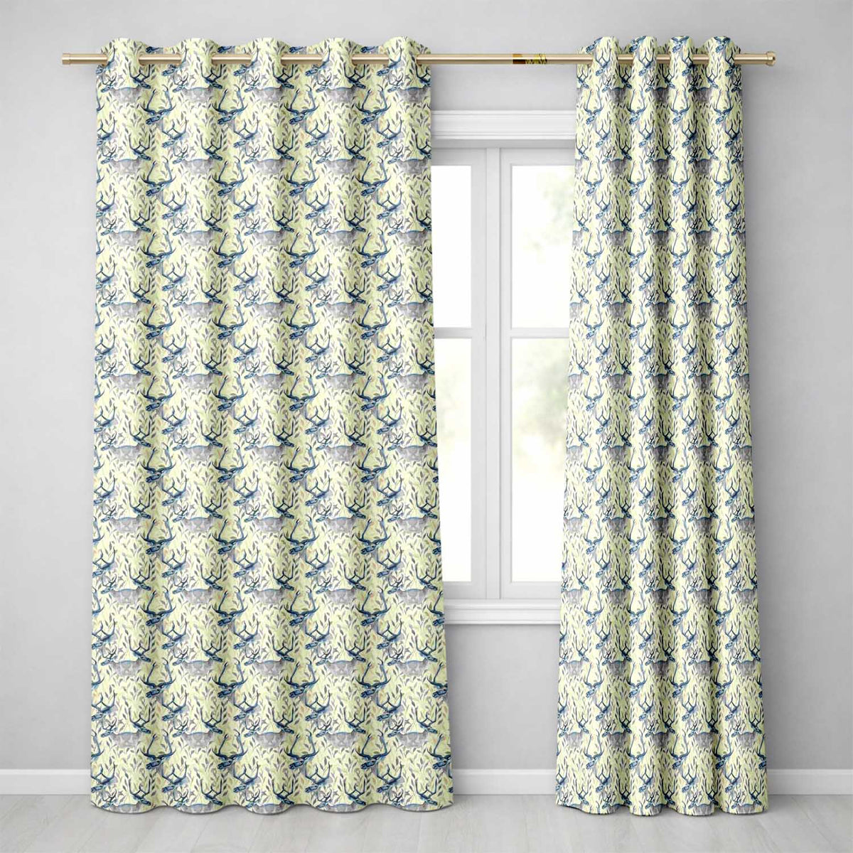 Elegant Blue Deer with Botanical Leaves Soft Beige Background Seamless Pattern Readymade Eyelet Ring Top Thermal 100% Blackout Curtains
