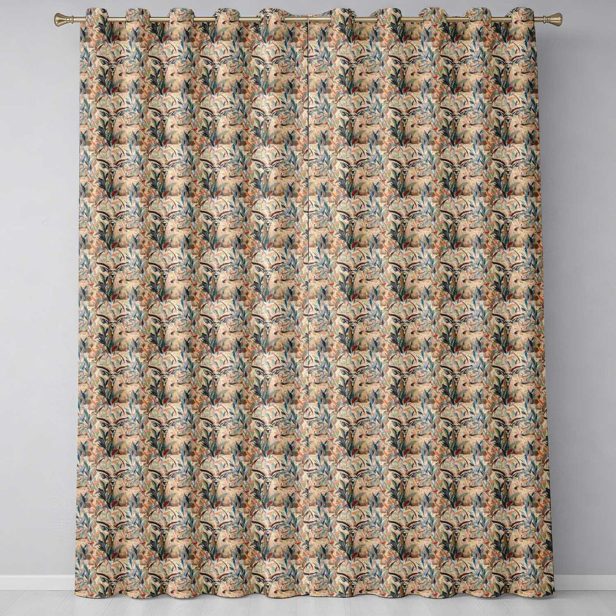 Artistic Antelope in Jungle Leaves Warm Earth Tone Seamless Pattern Readymade Eyelet Ring Top Thermal 100% Blackout Curtains