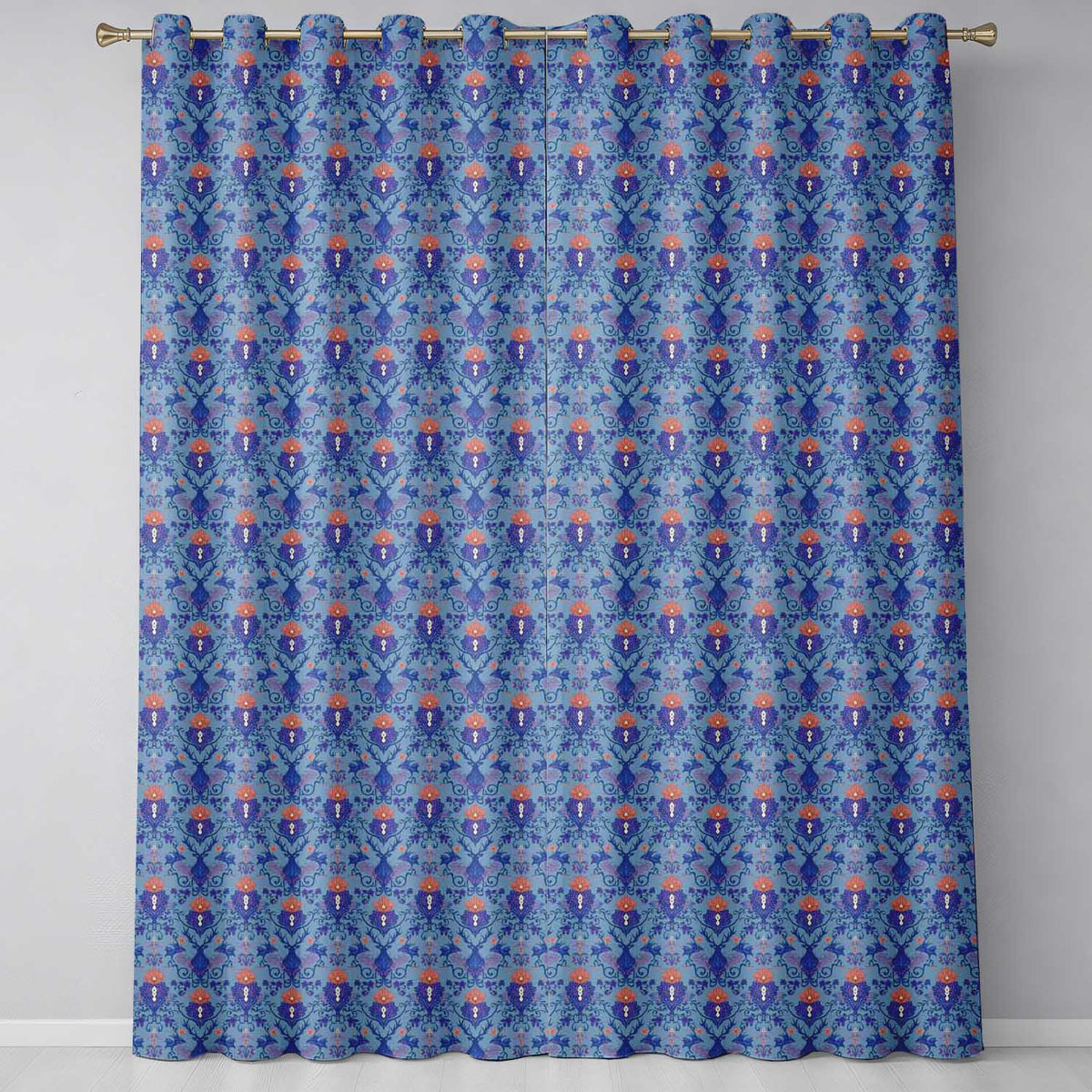 Ornate Damask Deer with Floral Motifs Blue Background Seamless Pattern Readymade Eyelet Ring Top Thermal 100% Blackout Curtains