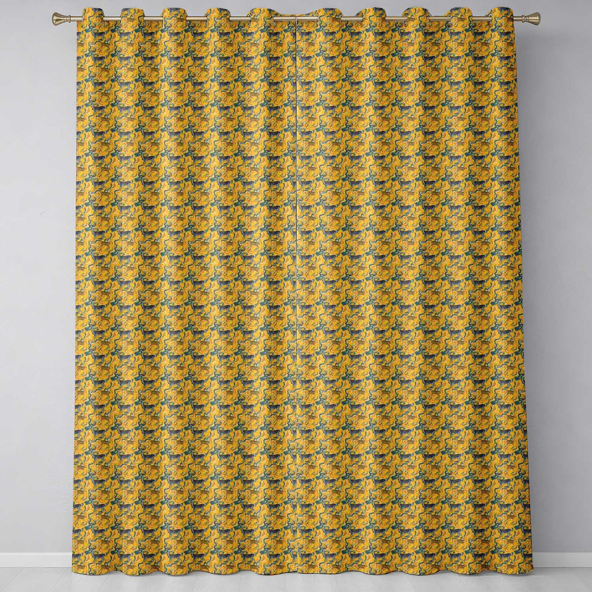 Abstract Antelope with Flowing Waves Golden Background Seamless Pattern Readymade Eyelet Ring Top Thermal 100% Blackout Curtains