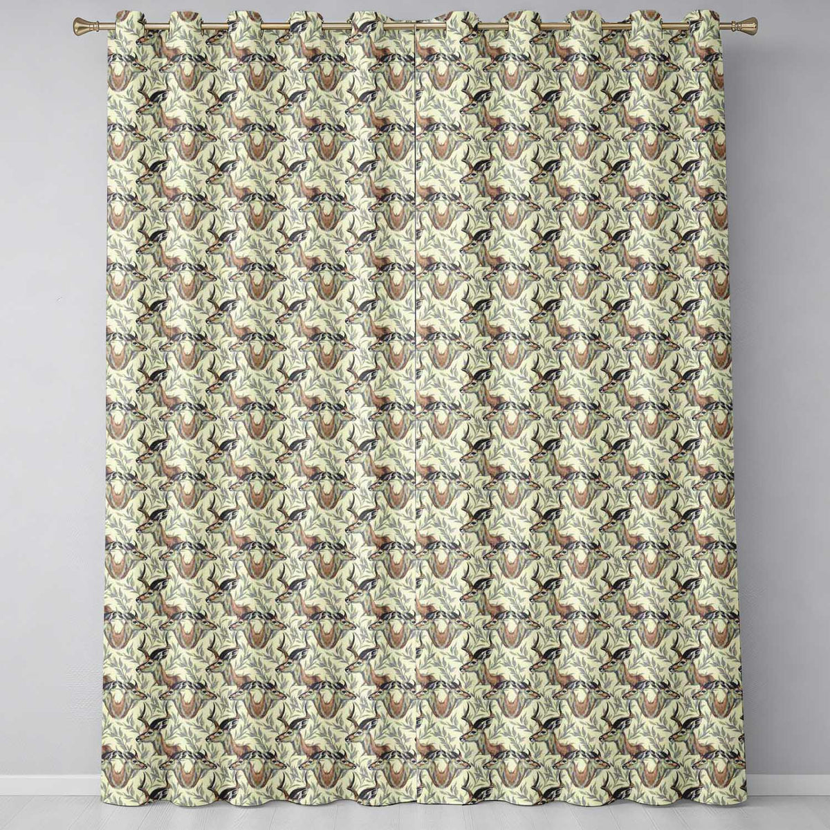 Natural Gazelle with Botanical Leaves Neutral Background Seamless Pattern Readymade Eyelet Ring Top Thermal 100% Blackout Curtains