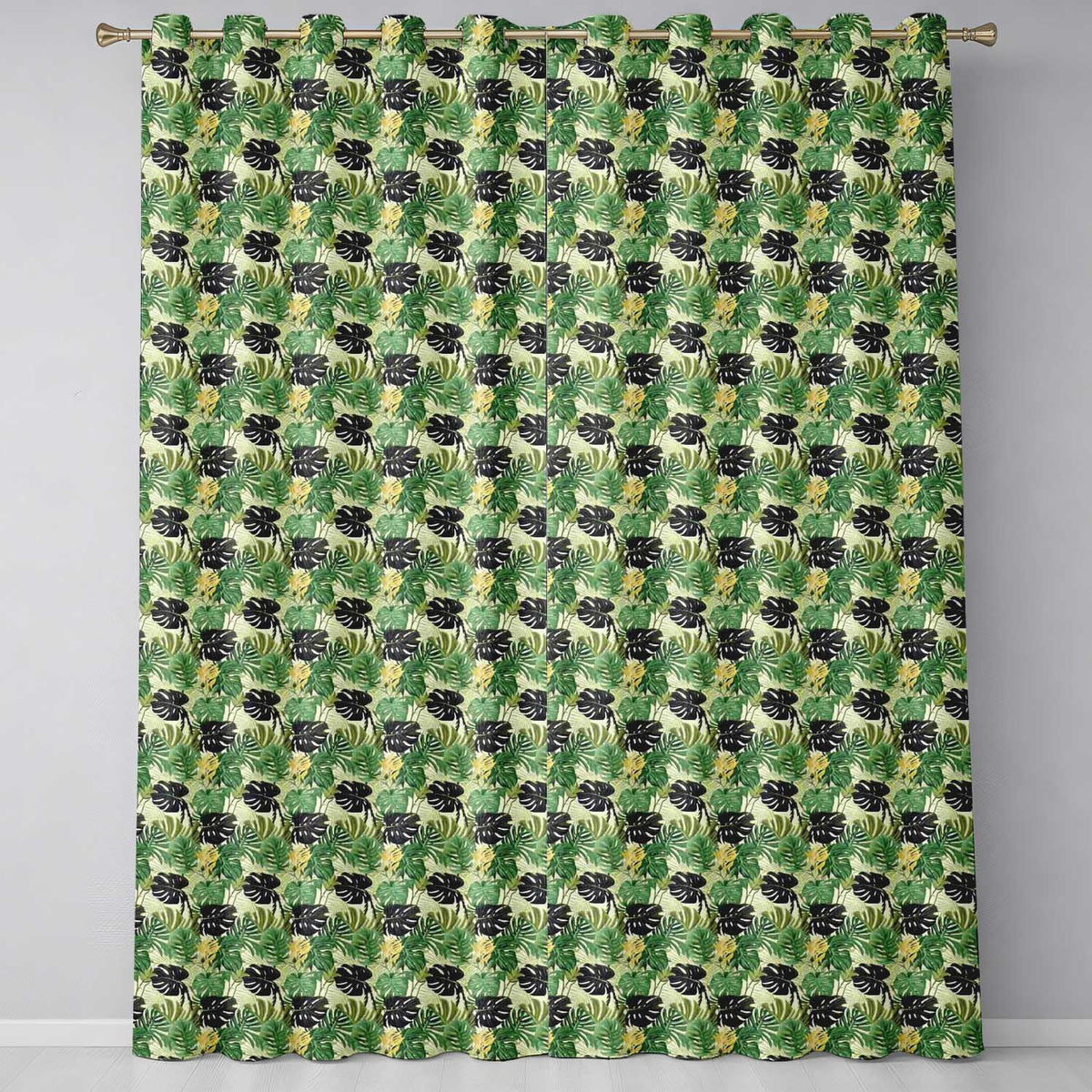 Lush Botanical Monstera and Palm Leaves on Light Background Seamless Readymade Eyelet Ring Top Thermal 100% Blackout Curtains