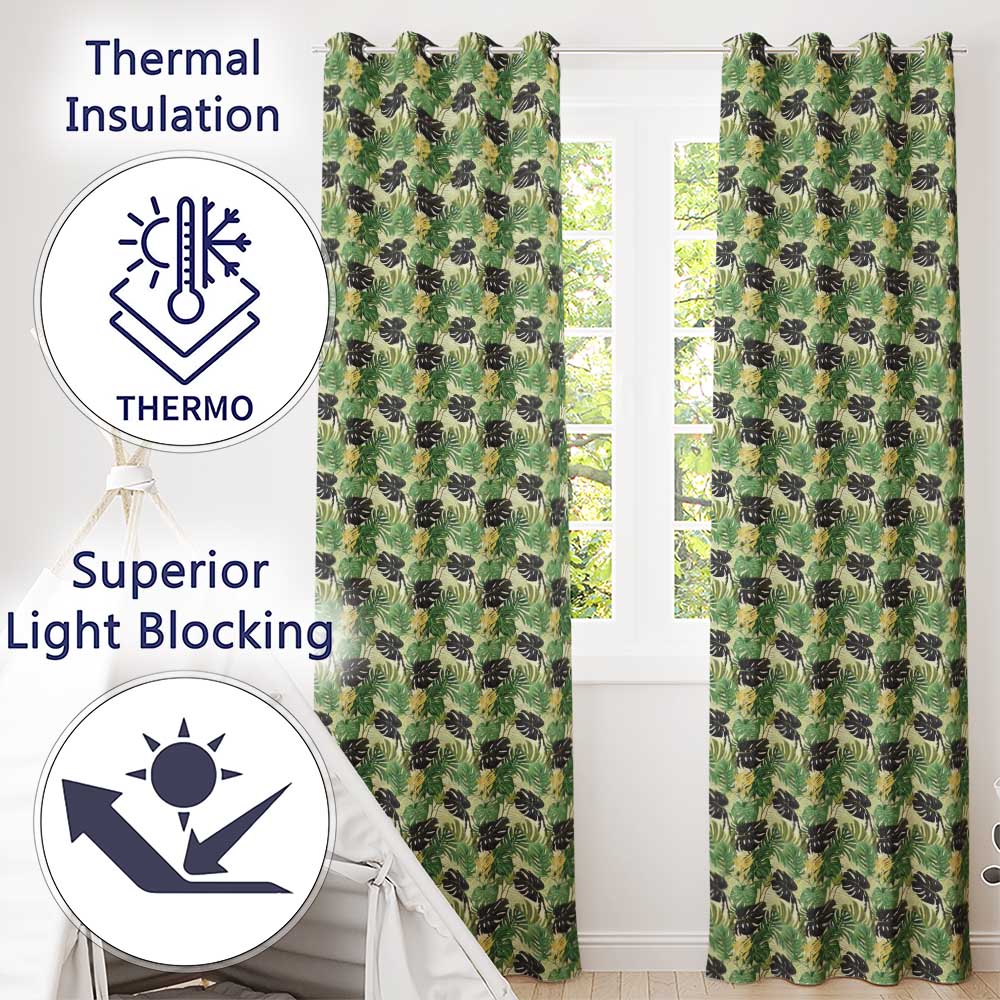 Lush Botanical Monstera and Palm Leaves on Light Background Seamless Readymade Eyelet Ring Top Thermal 100% Blackout Curtains