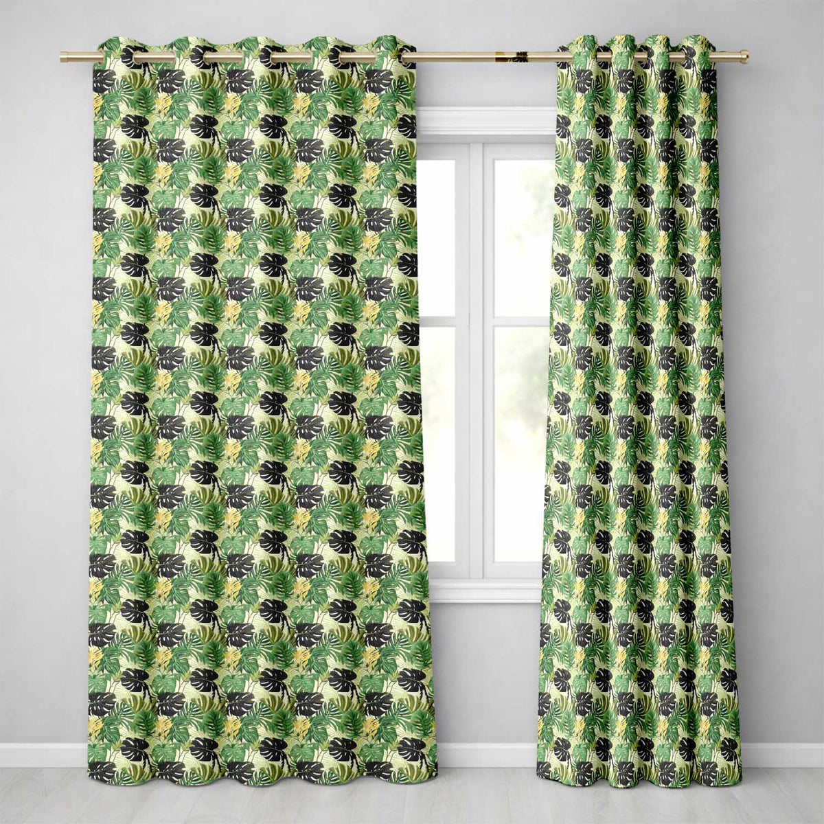 Lush Botanical Monstera and Palm Leaves on Light Background Seamless Readymade Eyelet Ring Top Thermal 100% Blackout Curtains
