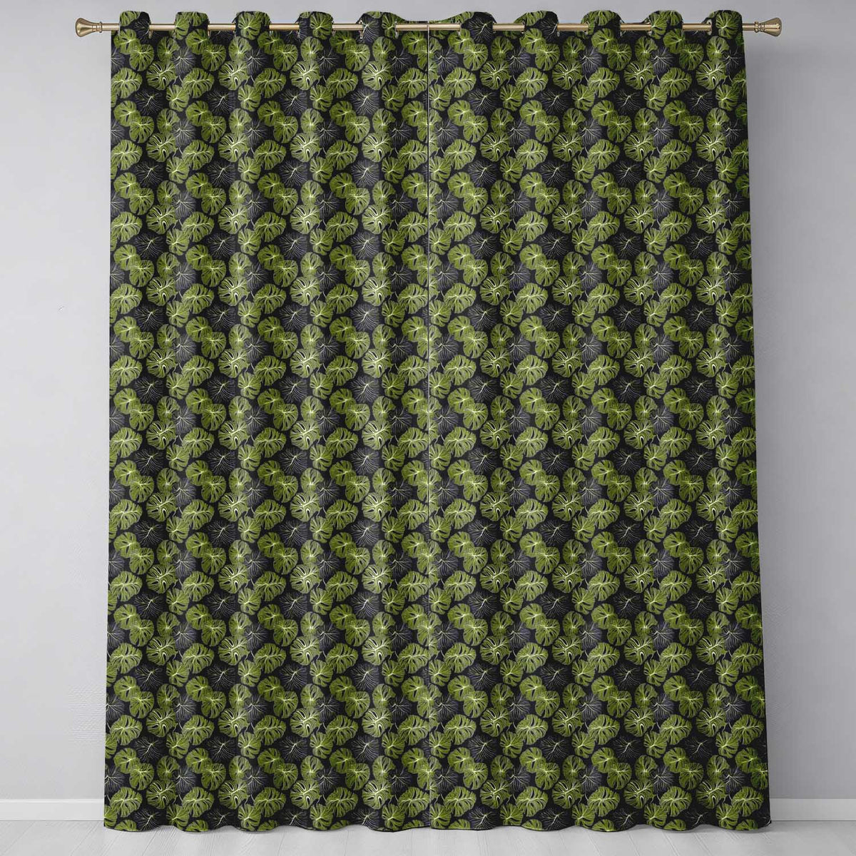 Stylized Monstera Leaf Pattern on Dark Background Seamless Readymade Eyelet Ring Top Thermal 100% Blackout Curtains
