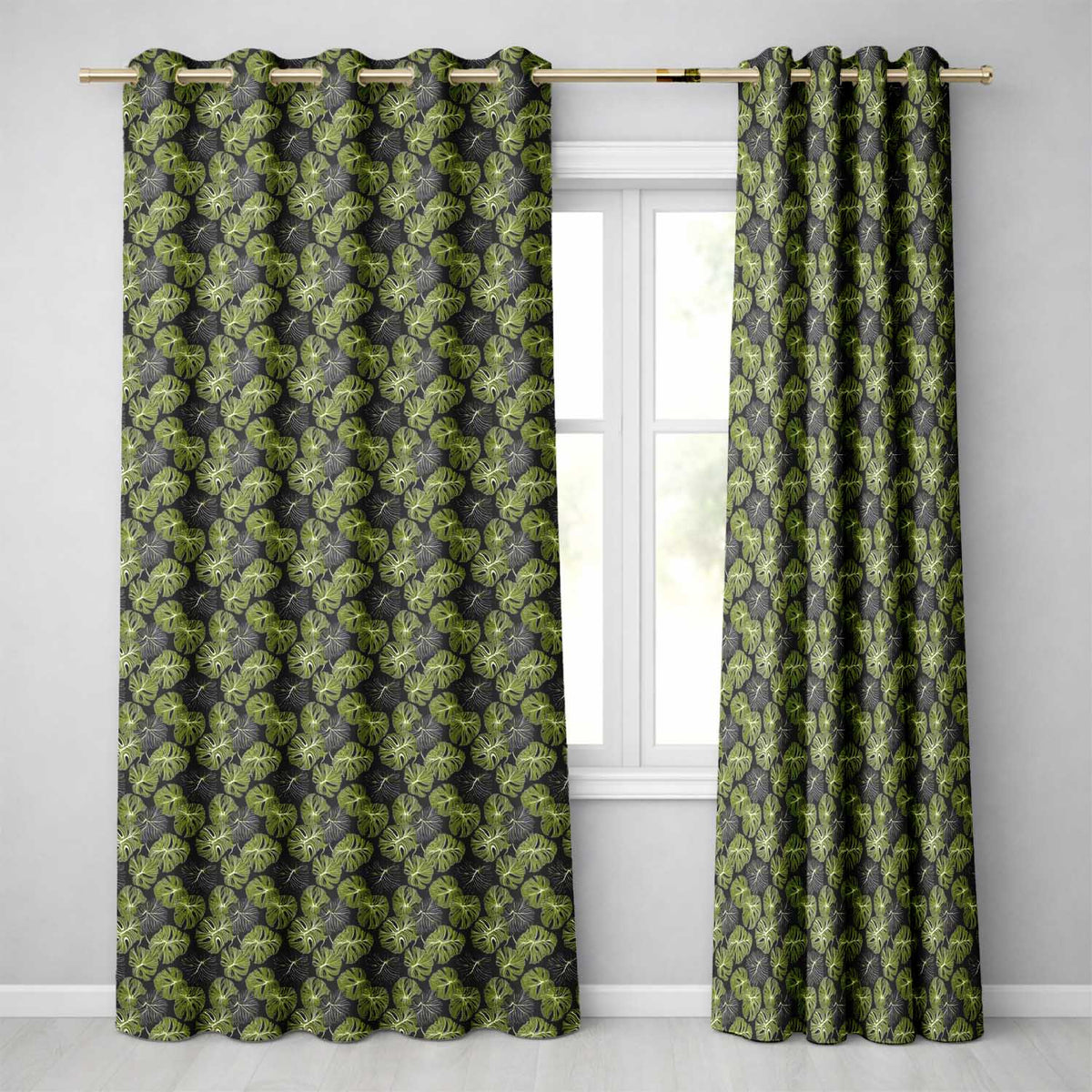 Stylized Monstera Leaf Pattern on Dark Background Seamless Readymade Eyelet Ring Top Thermal 100% Blackout Curtains