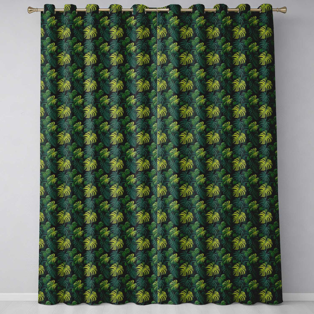 Dark Tropical Monstera Leaves with Yellow Highlights Seamless Pattern Readymade Eyelet Ring Top Thermal 100% Blackout Curtains